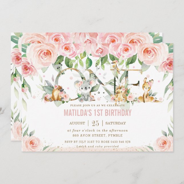 Australian Animals Pink Floral One 1st Birthday  Invitation (Front/Back)