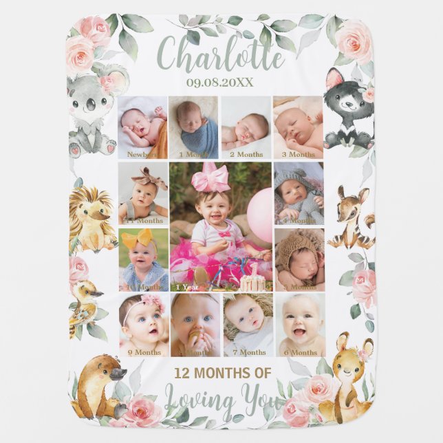 Australian Animals Pink Floral Photo 1st Milestone Baby Blanket (Front)