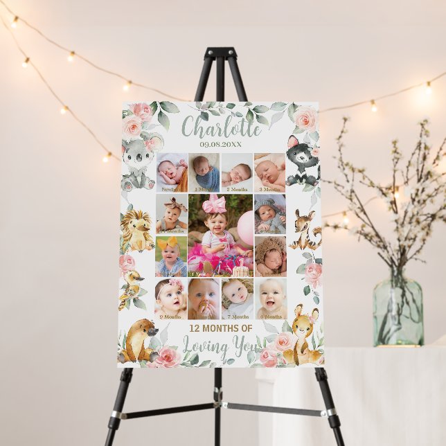 Australian Animals Pink Floral Photo 1st Milestone Foam Board (In Situ (Stand))