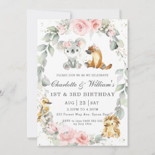 Australian Animals Pink Floral Sage Joint Birthday Invitation