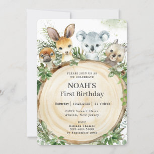 Australian Animals Rustic Wood Slice Birthday Invitation