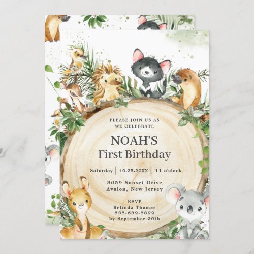 Australian Animals Rustic Wood Slice Birthday   Invitation