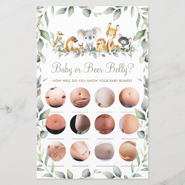 Australian Animals Shower Baby or Beer Belly Game (Front)