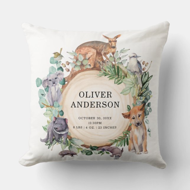 Australian Animals Wildlife Baby Boy Birth Stats Throw Pillow (Front)