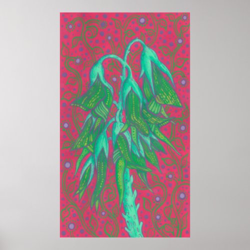Australian Bird Flower Tropical Floral Green Pink Poster