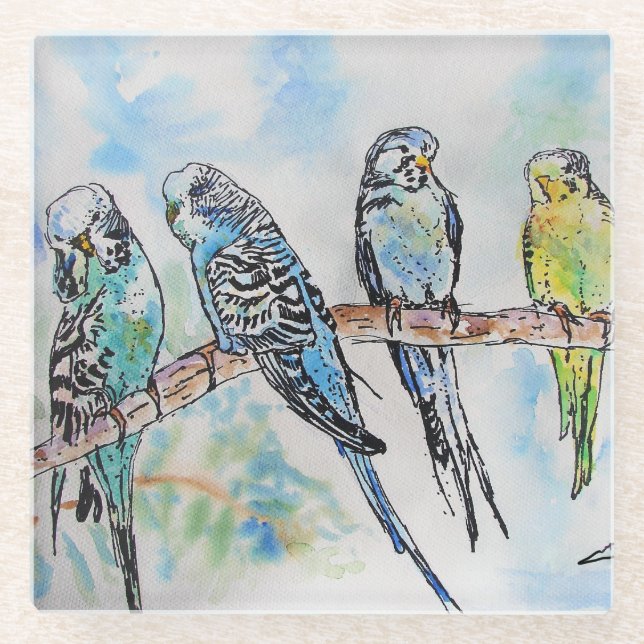 Australian Birds Budgie Watercolor Art Key Ring Glass Coaster (Front)