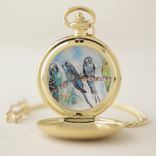 Australian Birds Budgie Watercolor Art Key Ring Pocket Watch
