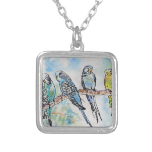 Australian Birds Budgie Watercolor Art Key Ring Silver Plated Necklace