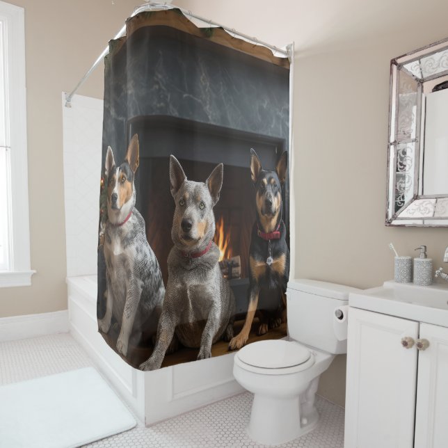 Australian Cattle by the Fireplace Christmas Shower Curtain (In Situ)
