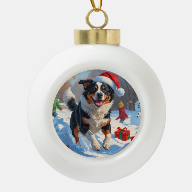 Australian Cattle Christmas Festive Snow Scene Ceramic Ball Christmas Ornament (Front)