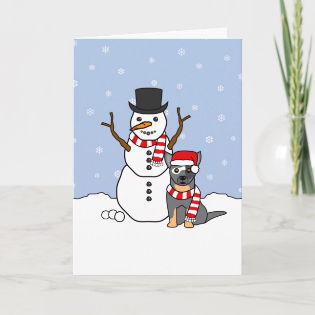 Australian Cattle Dog and Snowman Holiday Card (Front)