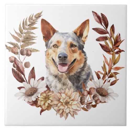 Australian Cattle Dog Autumn Wreath Ceramic Tile