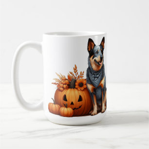 Australian Cattle Dog Beside a Jack-O-Lantern Coffee Mug