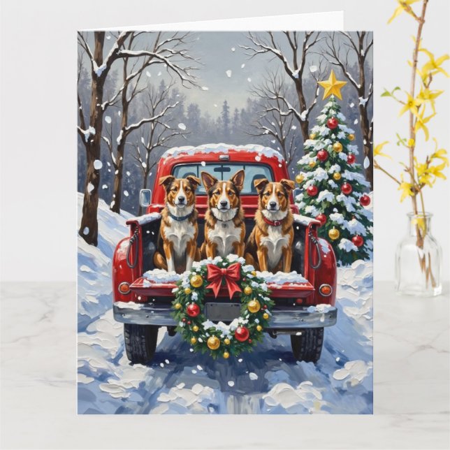 Australian Cattle Dog Christmas Red Truck Holiday Card (Yellow Flower)