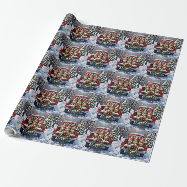 Australian Cattle Dog Christmas Red Truck Holiday Wrapping Paper (Unrolled)