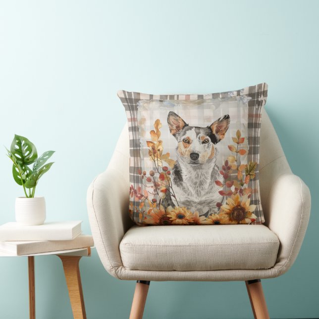 Australian Cattle Dog Fall Watercolor Flowers Throw Pillow (Chair)