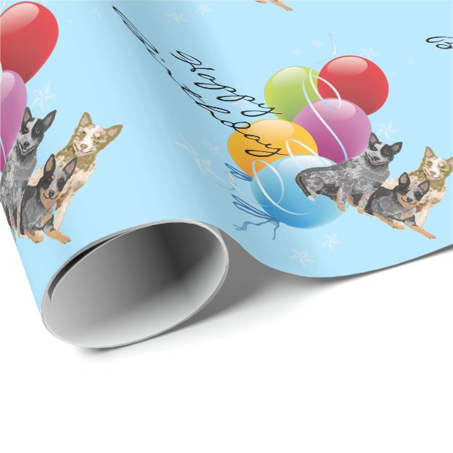 Australian Cattle Dog, Happy Birthday w/balloons Wrapping Paper (Roll Corner)