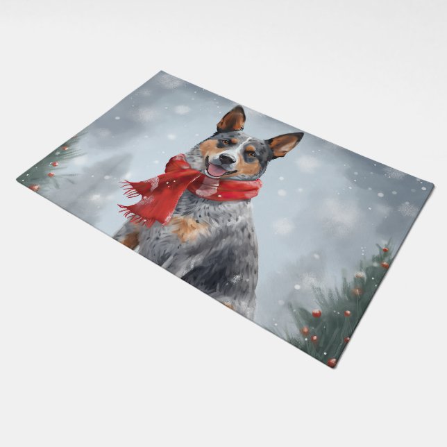 Australian Cattle Dog in Snow Christmas  Doormat (Angled)