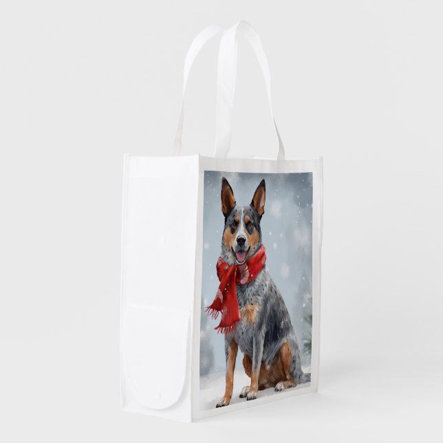 Australian Cattle Dog in Snow Christmas  Grocery Bag (Front Side)