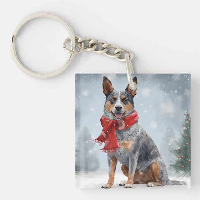 Australian Cattle Dog in Snow Christmas  Keychain (Front)