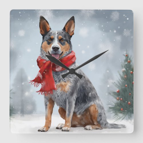 Australian Cattle Dog in Snow Christmas  Square Wall Clock
