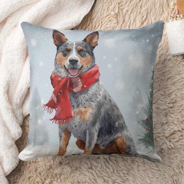 Australian Cattle Dog in Snow Christmas  Throw Pillow (Blanket)