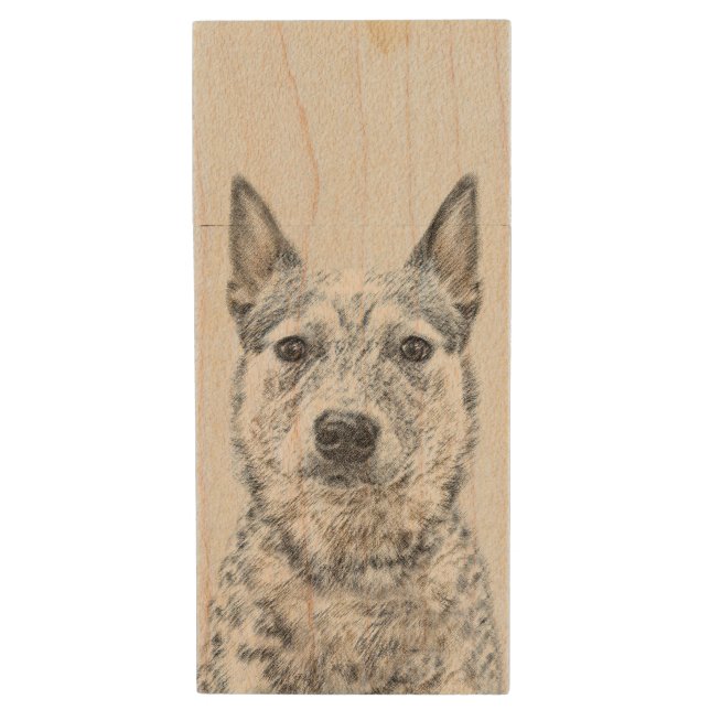 Australian Cattle Dog Painting - Cute Original Art Wood Flash Drive (Front Vertical)