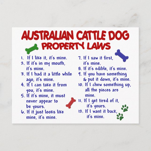 AUSTRALIAN CATTLE DOG Property Laws 2 Postcard (Front)