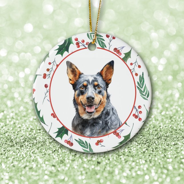 Australian Cattle Dog Red Berry Holly Border Ceramic Ornament (Creator Uploaded)