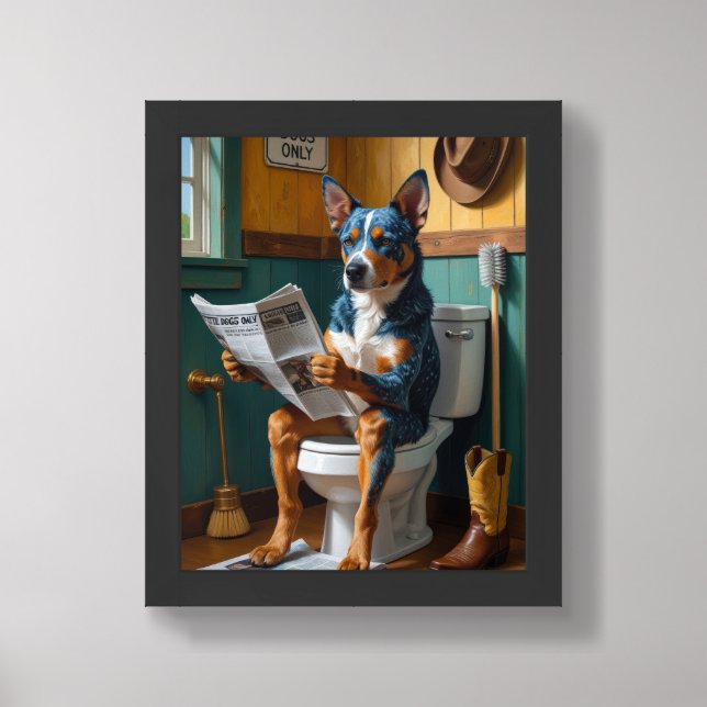 Australian Cattle Dog Sitting On Toilet Funny Framed Art (Framed Front)