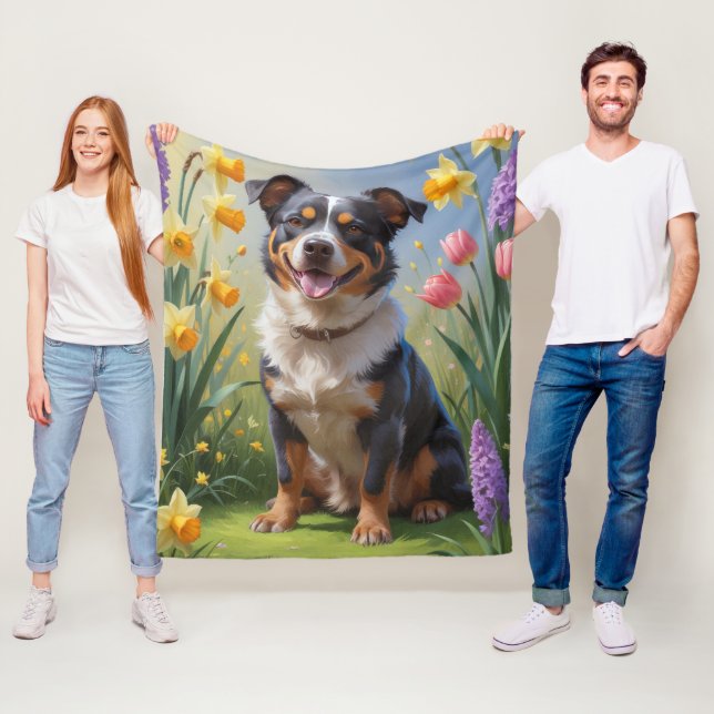 Australian Cattle Dog Spring Flowers Painting Fleece Blanket (In Situ)