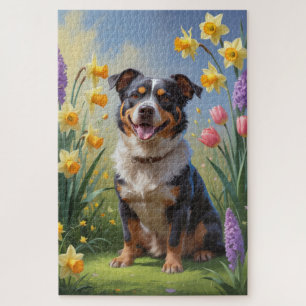Australian Cattle Dog Spring Flowers Painting Jigsaw Puzzle