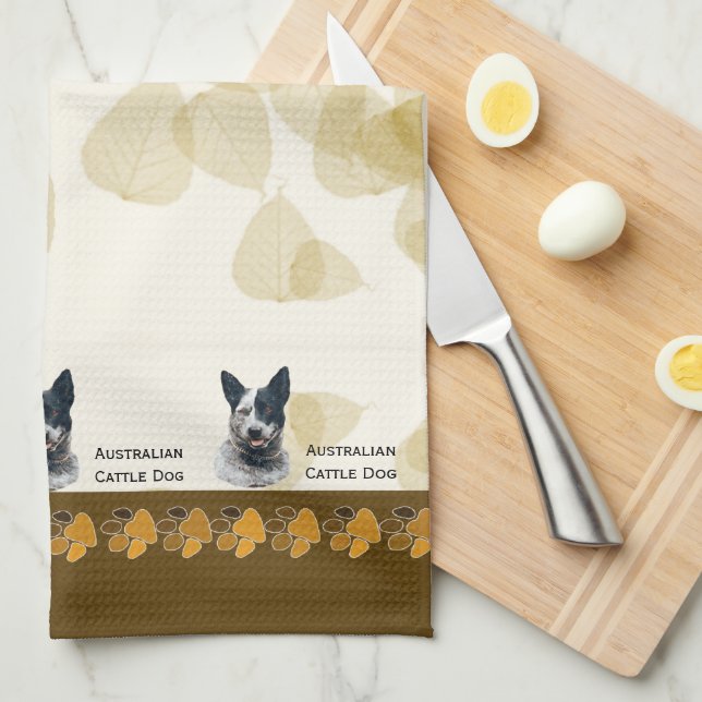 Australian Cattle Dog Tan Leaves Dishtowel Kitchen Towel (Quarter Fold)