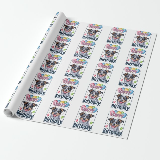 Australian Cattle Dog with Balloons Birthday Wrapping Paper (Unrolled)