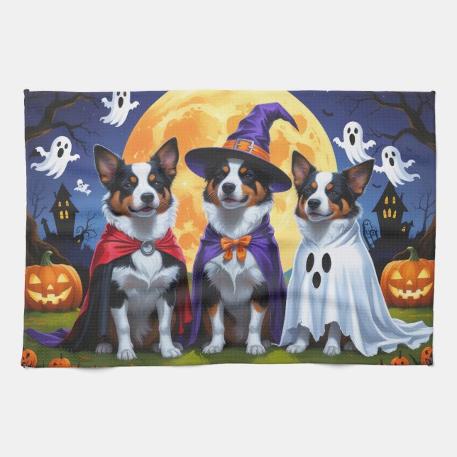 Australian Cattle Dogs Pumpkin Halloween Funny Kitchen Towel (Horizontal)