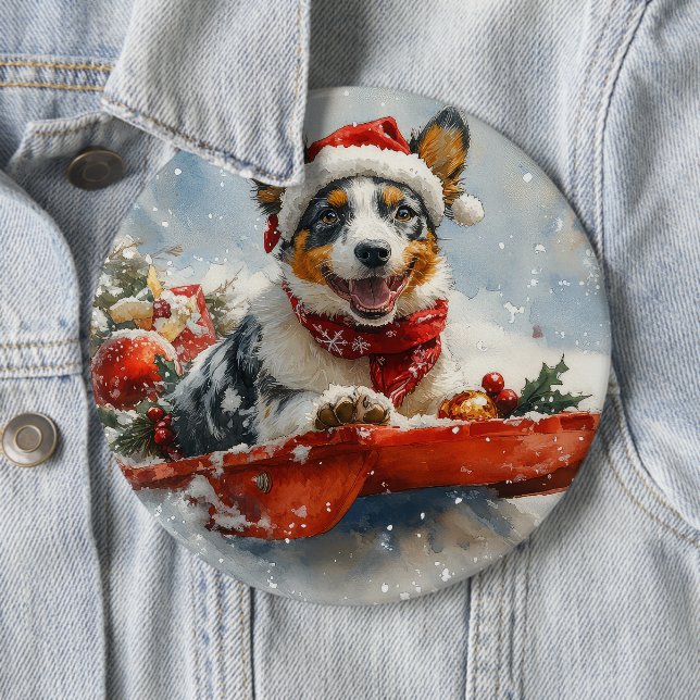 Australian Cattle in Sledge Let it Snow Christmas Button (In Situ)