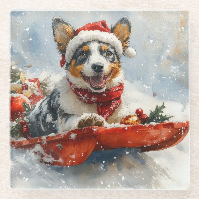 Australian Cattle in Sledge Let it Snow Christmas Glass Coaster (Front)