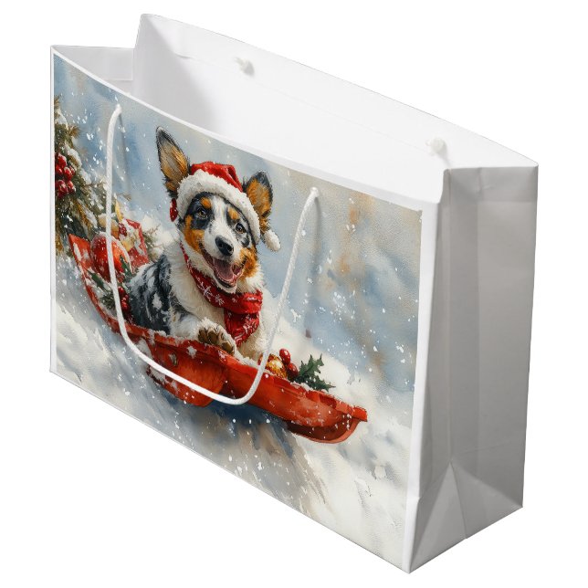 Australian Cattle in Sledge Let it Snow Christmas Large Gift Bag (Front Angled)