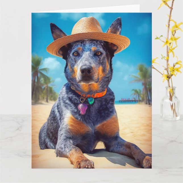 Australian Cattle on Beach,dog lovers summer gift Card (Yellow Flower)