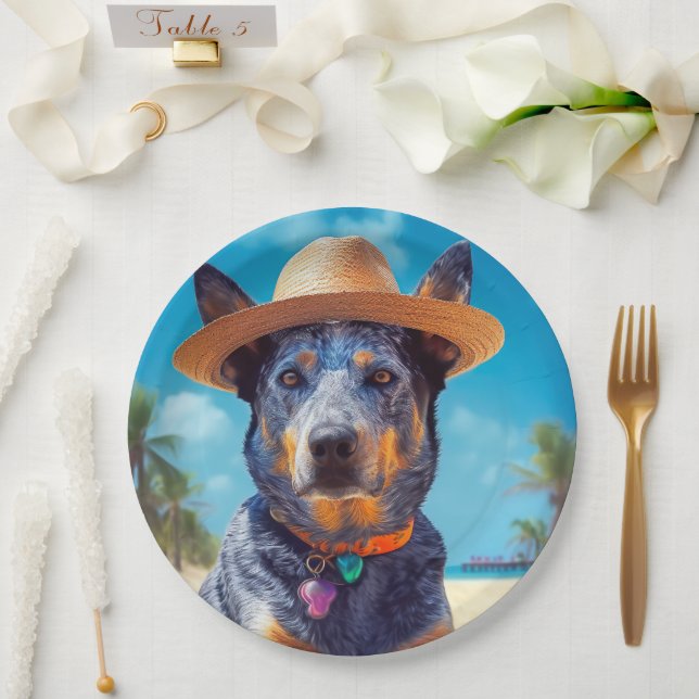 Australian Cattle on Beach,dog lovers summer gift Paper Plates (Wedding)
