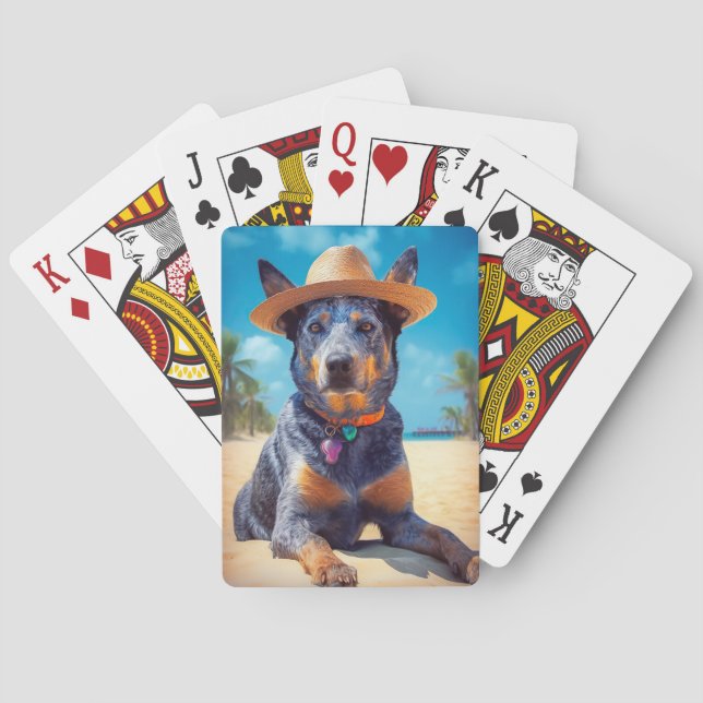 Australian Cattle on Beach,dog lovers summer gift Poker Cards (Back)