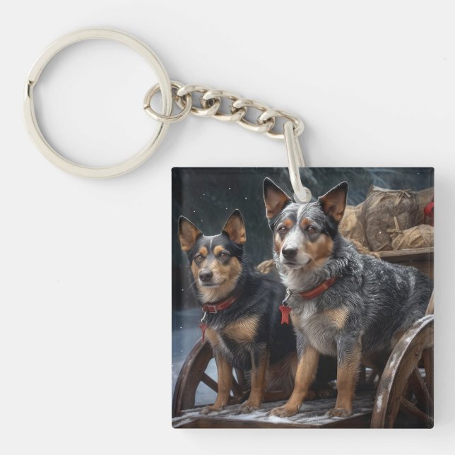 Australian Cattle Snowy Sleigh Christmas Decor Keychain (Front)