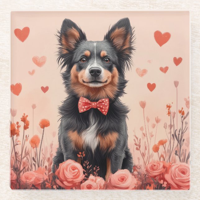 Australian Cattle with Roses - Valentine's Day Glass Coaster (Front)