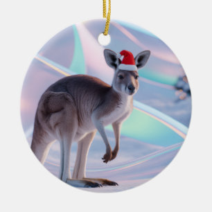 Australian Christmas Kangaroo + Santa Hat Holiday Ceramic Ornament
