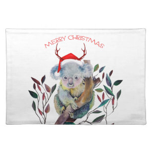 Australian Christmas Koala Santa Hat Red Green Cloth Placemat
