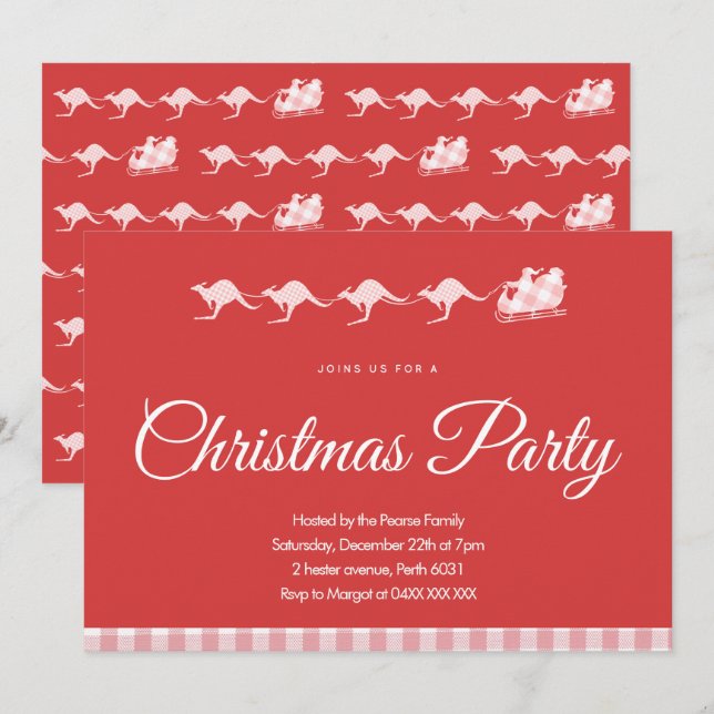 Australian Christmas Party Invitation Kangaroo Red (Front/Back)