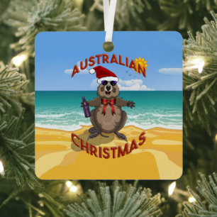 Australian Christmas Quokka on the Beach Metal Ornament