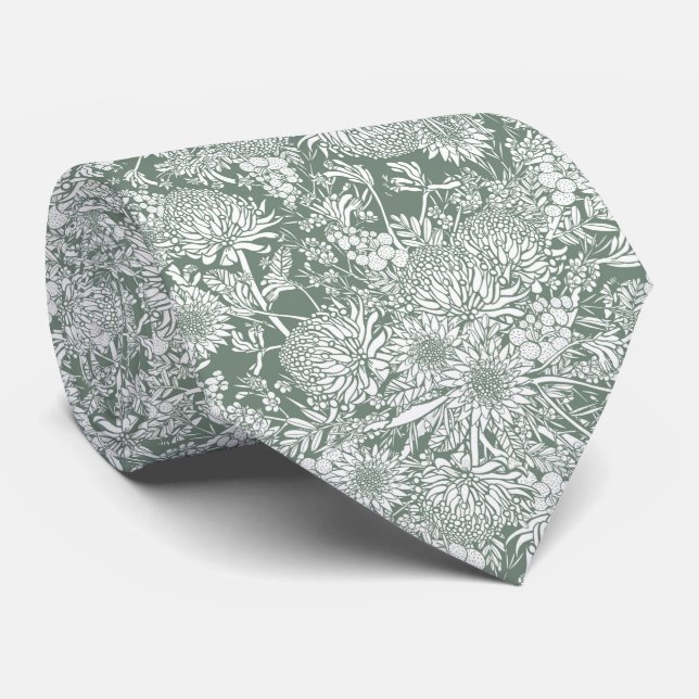Australian Country Garden Sage And White Neck Tie (Rolled)