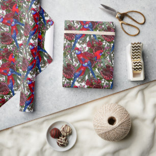 Australian Crimson Rosella and Wildflower Pattern Wrapping Paper
