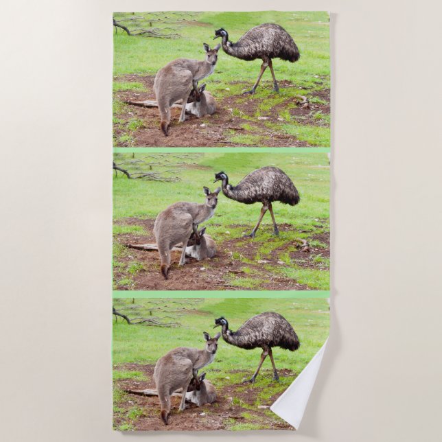 Australian Emu And Kangaroos, Beach Towel (Front)